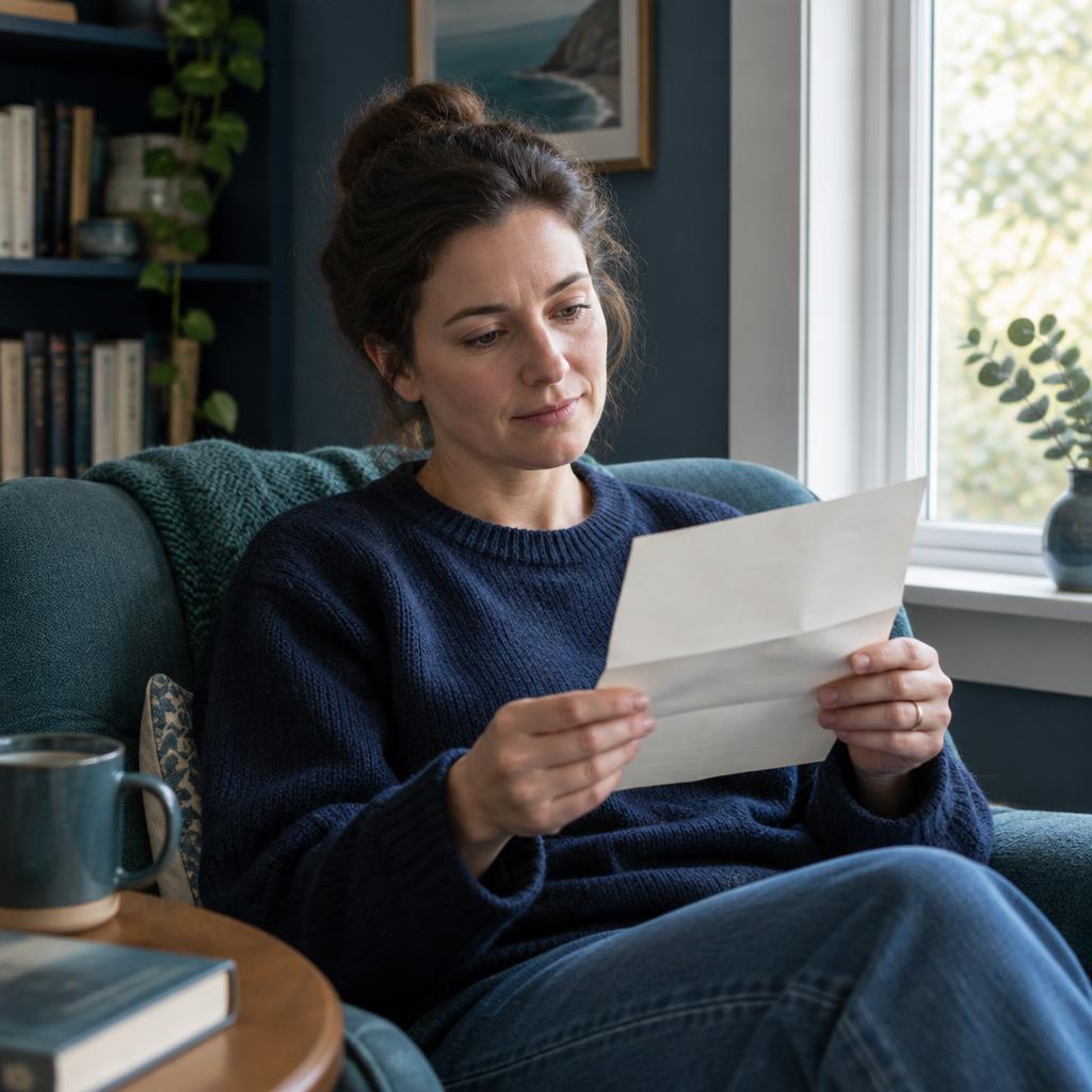 A person reading a letter at home by a bright window