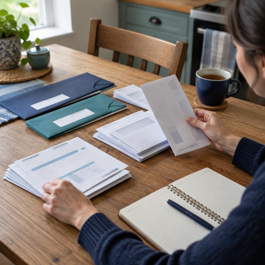 Household bills and envelopes laid out on a kitchen table